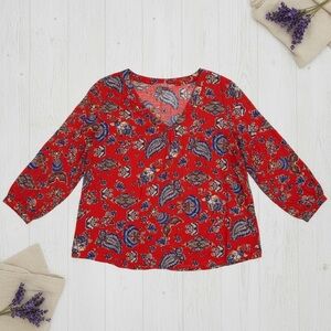 Rise & Thyme 3X Red Paisley Floral Boho V-Neck Rayon Blouse 3/4 Sleeve